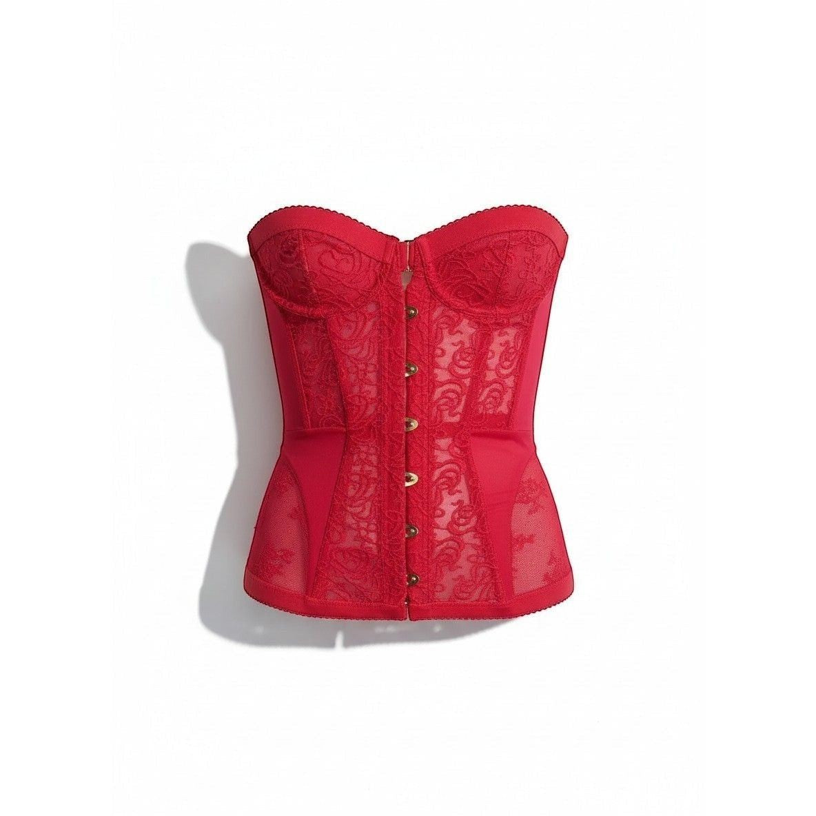 Sweet Plus Savage red lace corset with front closure, structured boning, and sheer panels. Designed for waist cinching.