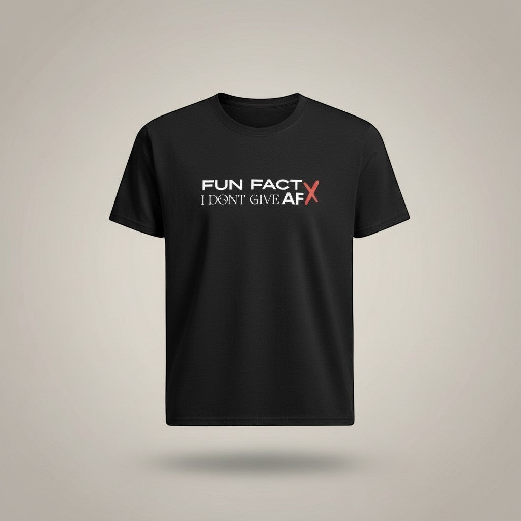 Sweet Plus Savage black cotton t-shirt with white and red "Fun Fact I Don't Give AFx" graphic print.
