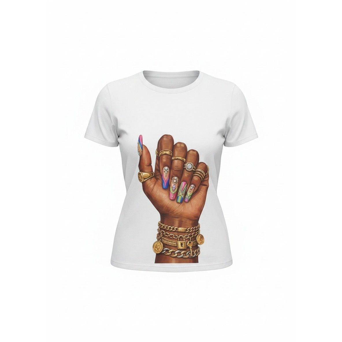 Sweet Plus Savage white t-shirt with a graphic of a hand adorned with rings, bracelets, and colorful, long nails.