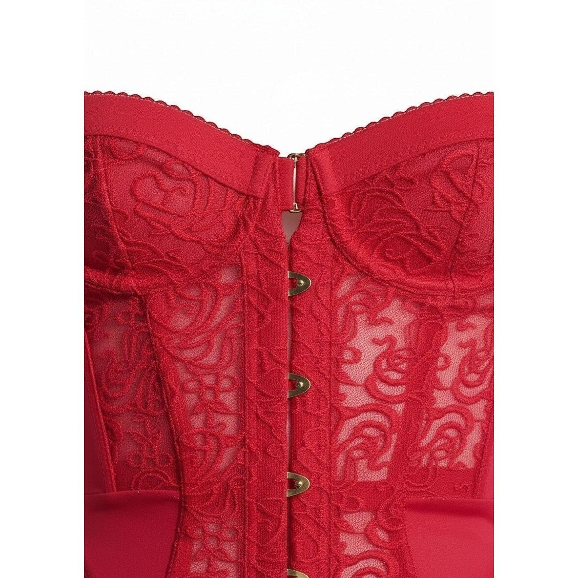 Sweet Plus Savage red lace corset with front closure, sheer panels, and structured boning. Designed for waist cinching.
