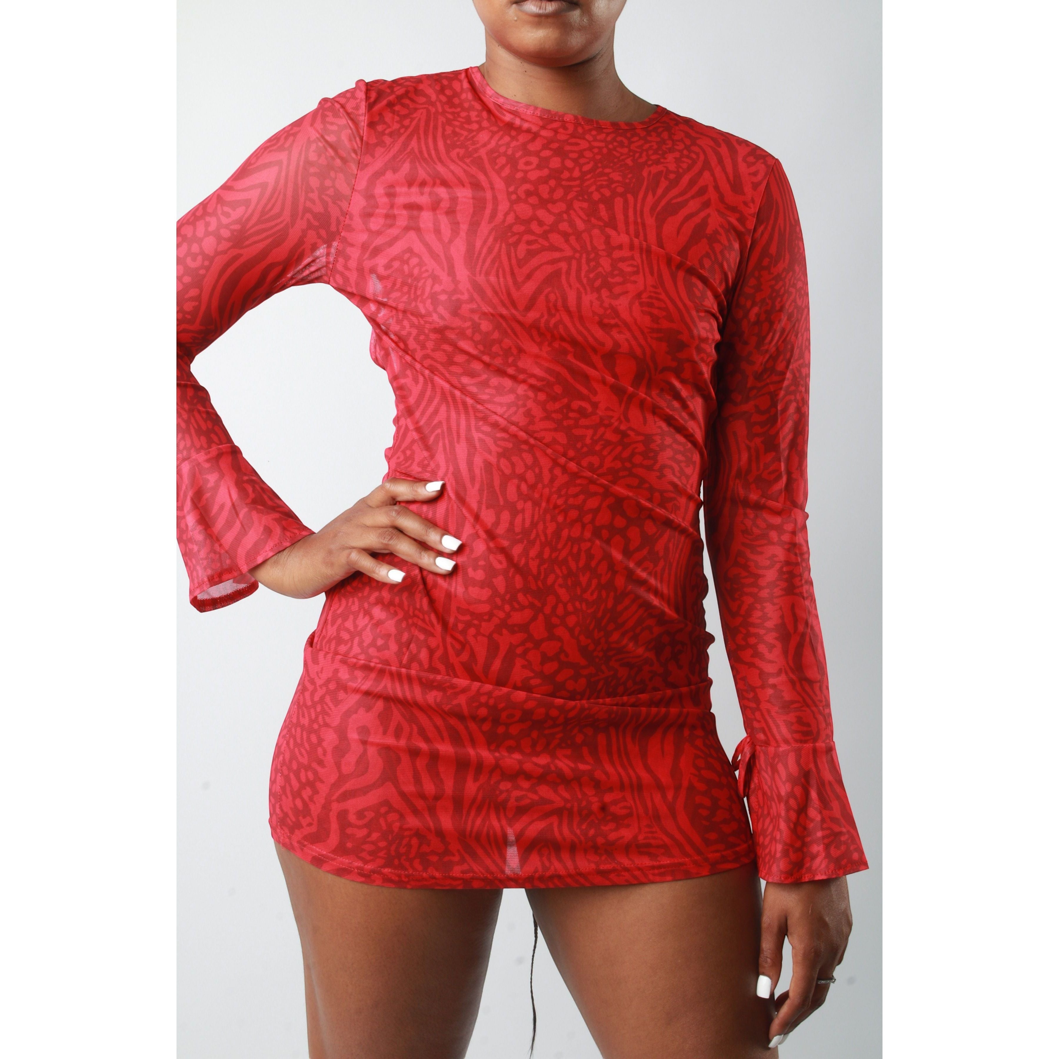 Sweet Plus Savage red abstract print mesh mini dress with flared sleeves and bodycon fit.