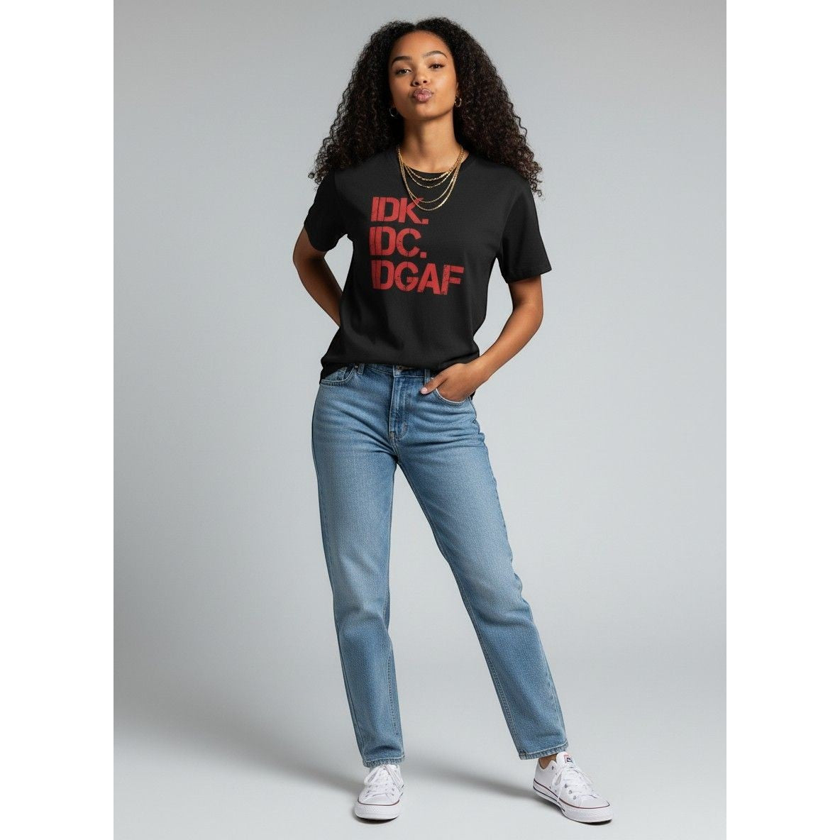 Sweet Plus Savage black cotton t-shirt with red text graphic "IDK. IDC. DGAF."