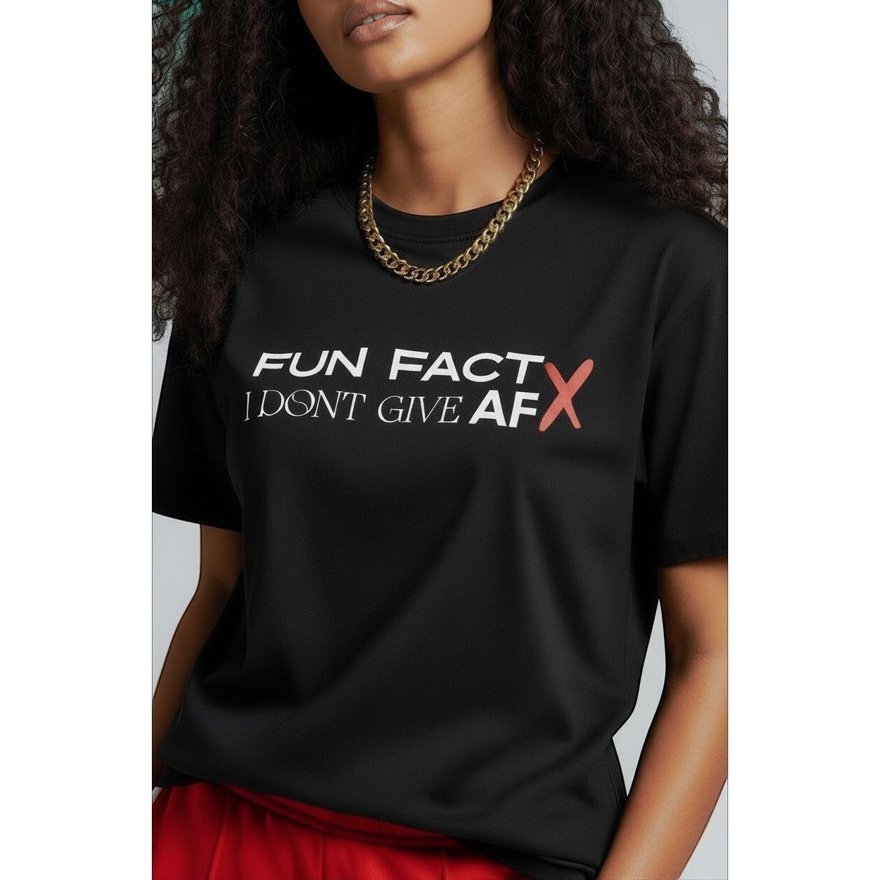 Sweet Plus Savage black cotton t-shirt with white text graphic "Fun Fact I Don't Give AFx"