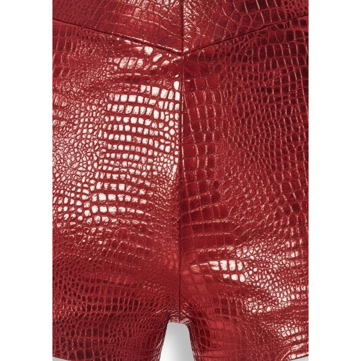 Sweet Plus Savage red faux leather shorts with crocodile-embossed texture and high waist.