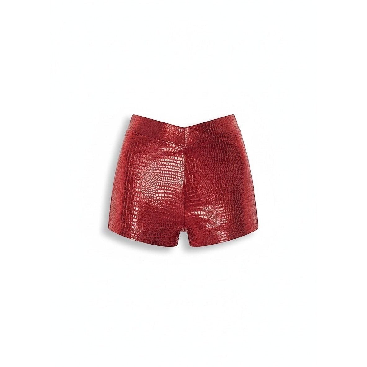 Sweet Plus Savage red faux leather shorts with crocodile embossed texture and high waist.