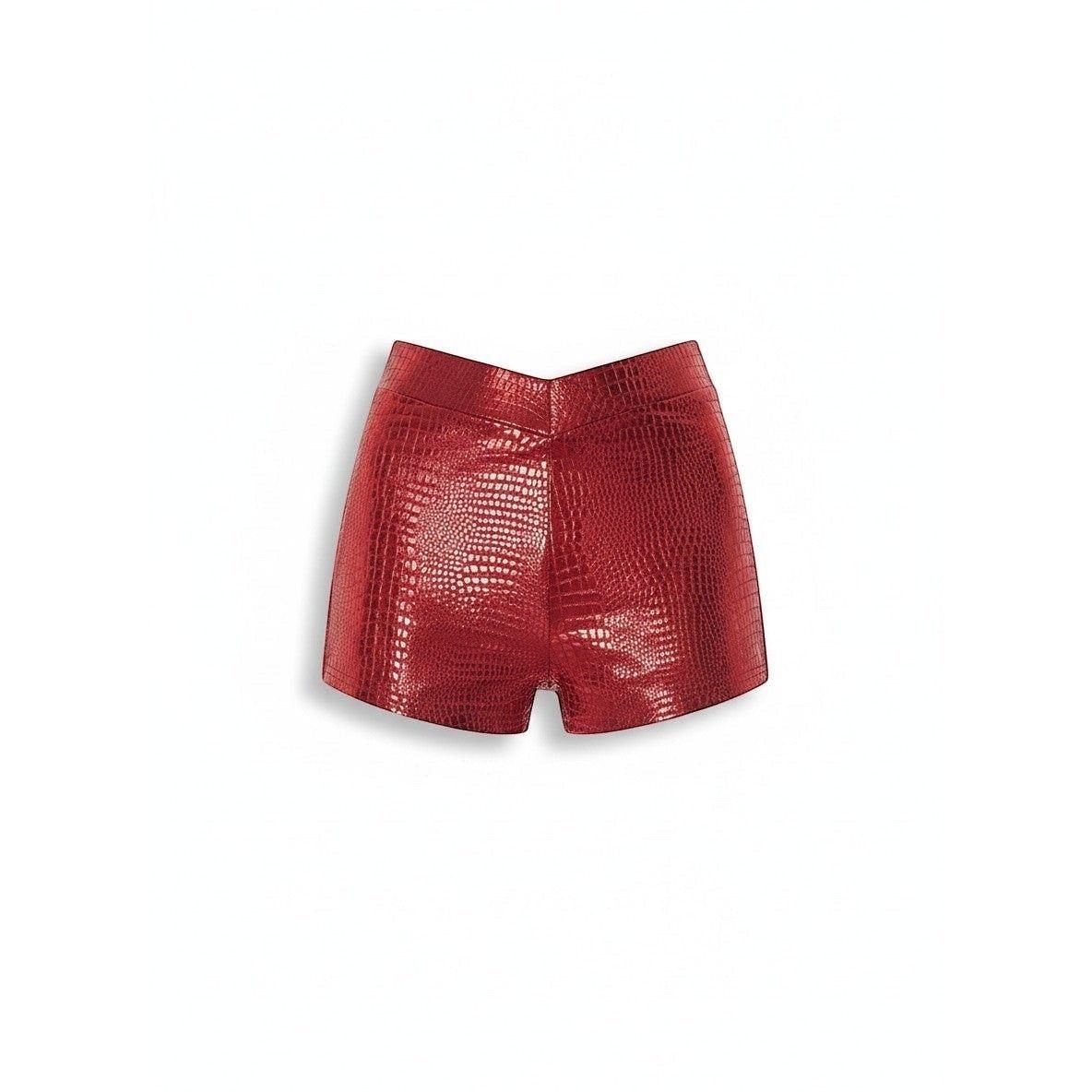 Sweet Plus Savage red faux leather shorts with crocodile embossing and high waist.